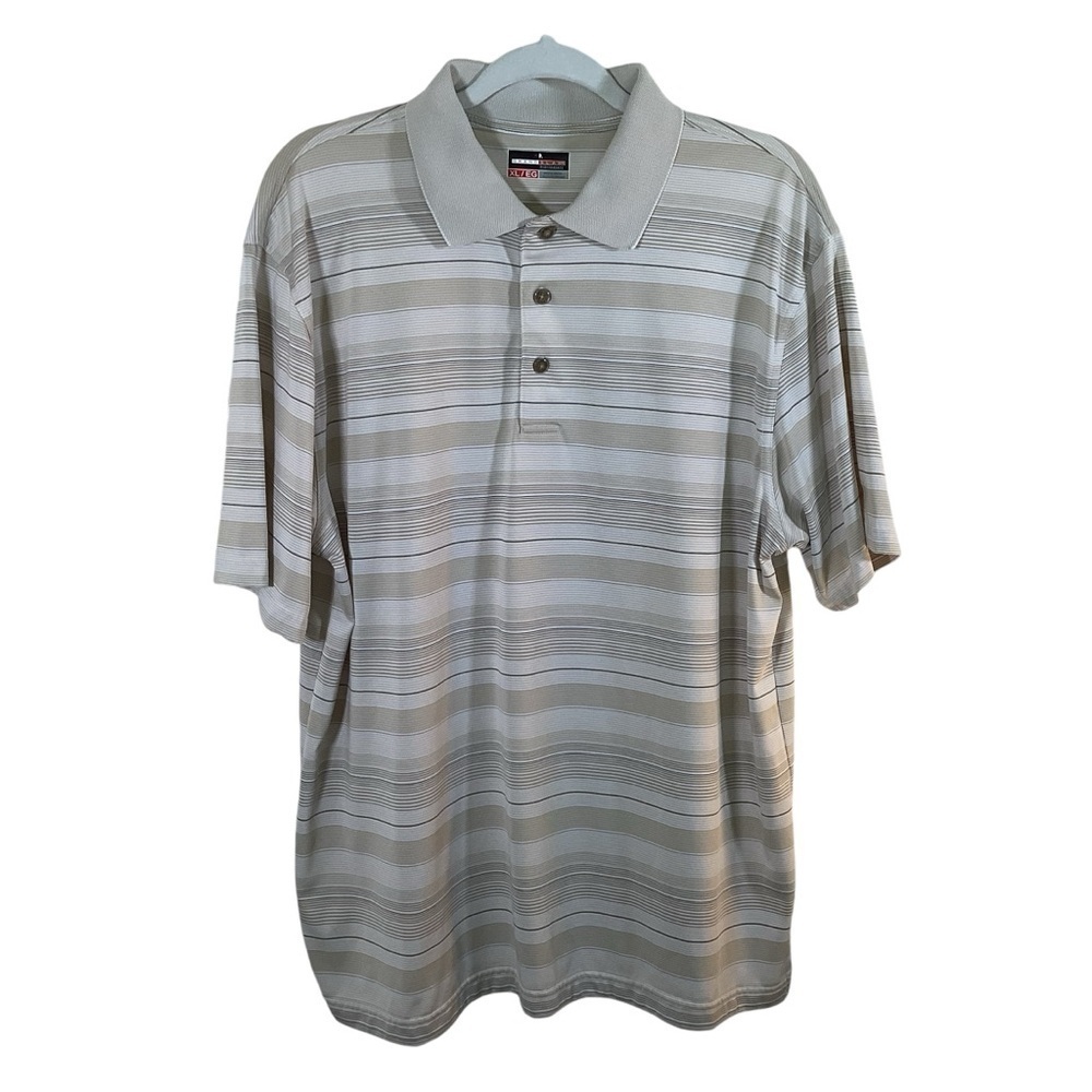 Grand Slam Performance Beige/Gray/Blue/White Striped Short Sleeve Polo.  Sz XL